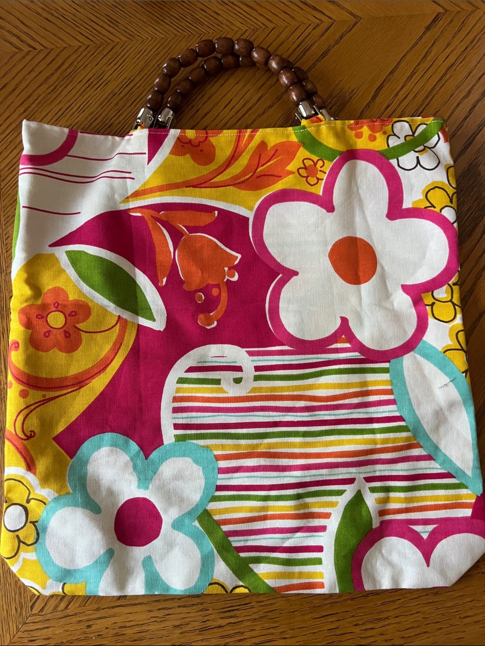 Colorful Floral Canvas Tote Bag with Beaded Handles - Picture 5 of 6